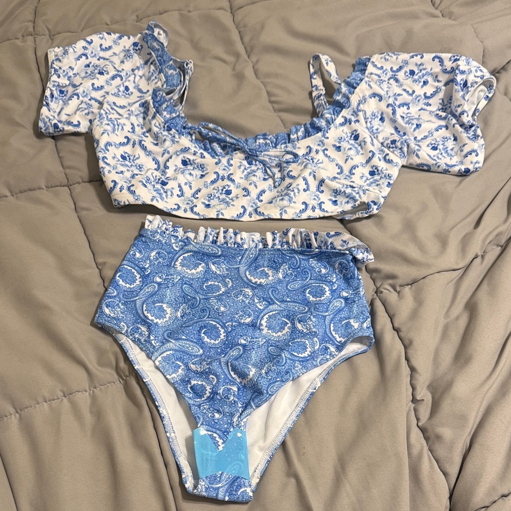 ASOS Blue and White Paisley High-Waist Bikini Set